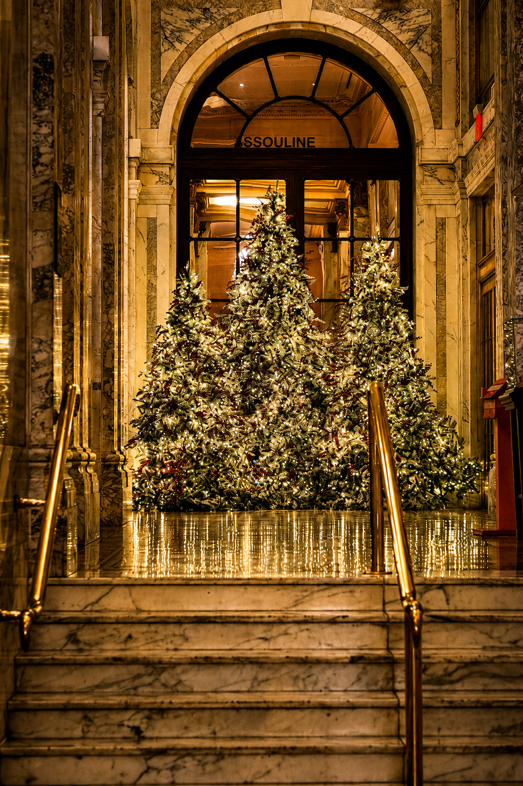 Christmas trees glowing behind stone steps at an ornate building entrance