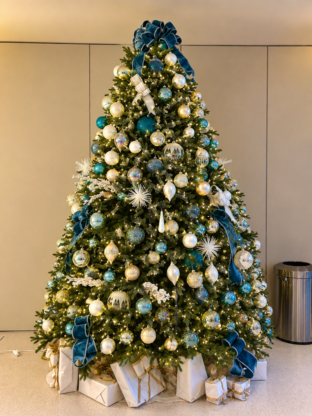 Decorated Christmas tree with blue, gold, and white ornaments and wrapped gifts at the base