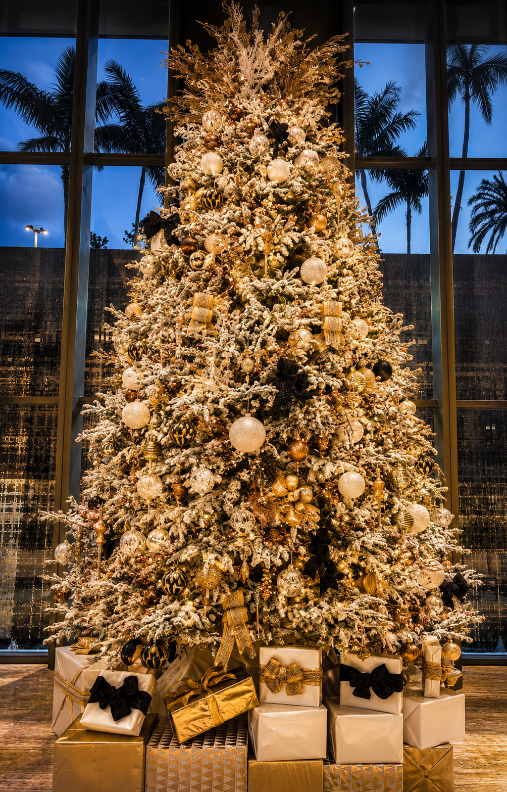 Tall decorated Christmas tree with gifts in a window-lit room