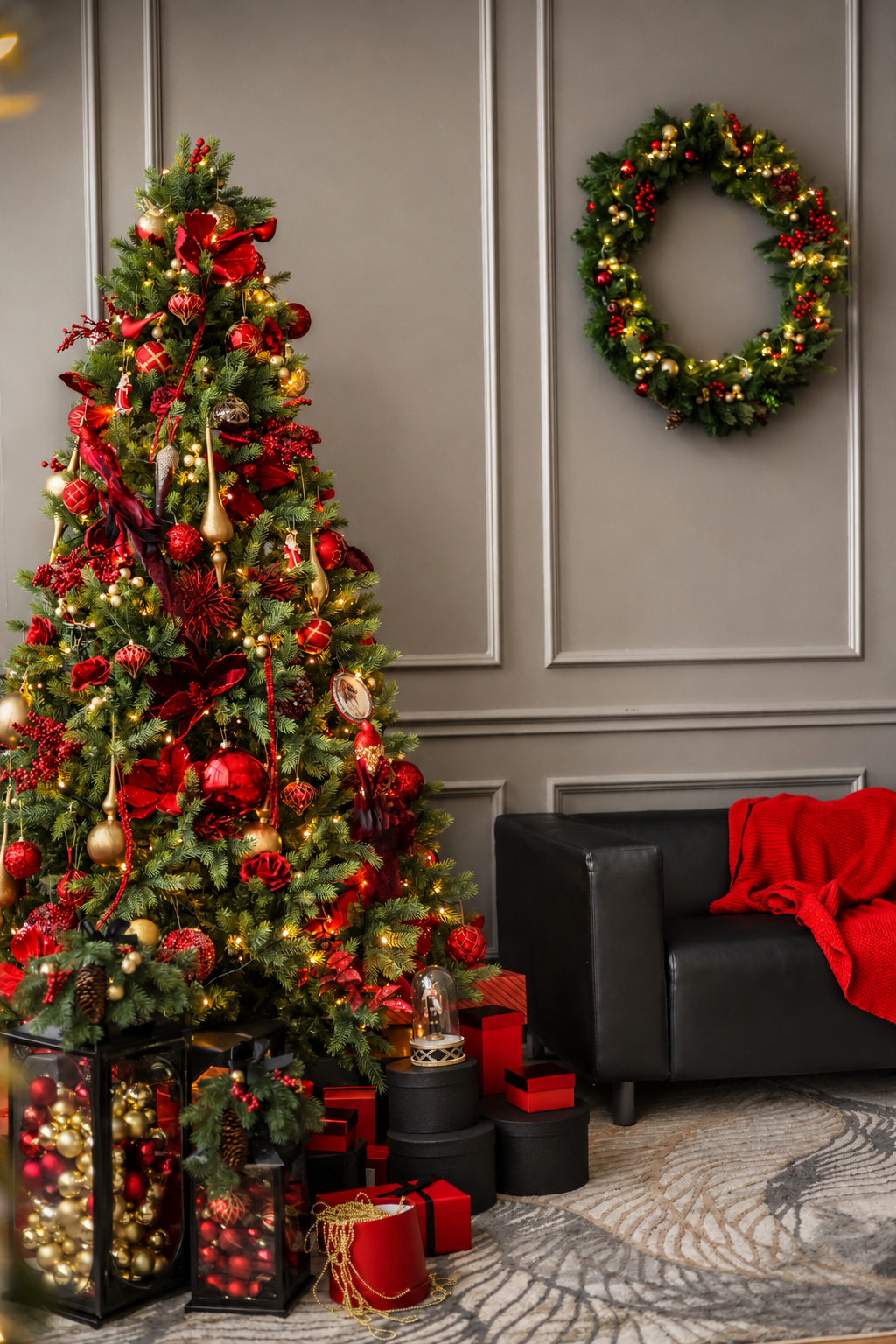 Decorated Christmas tree beside presents and a wreath in a cozy living room