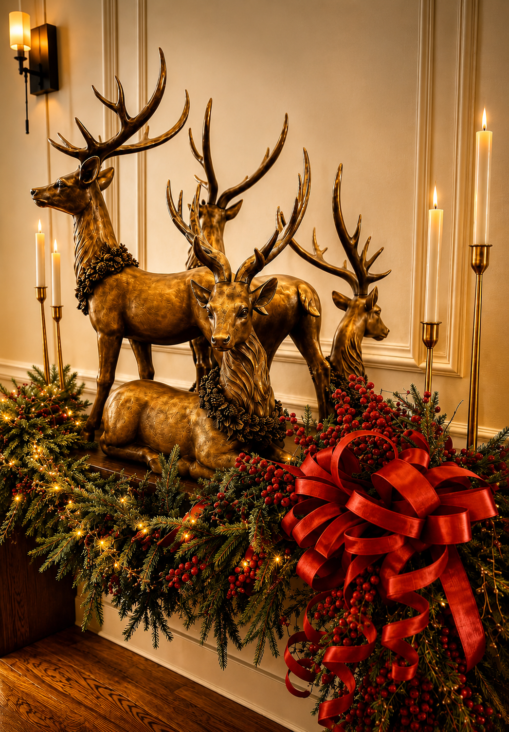 Christmas reindeer figurines with garland and a red bow on a mantel