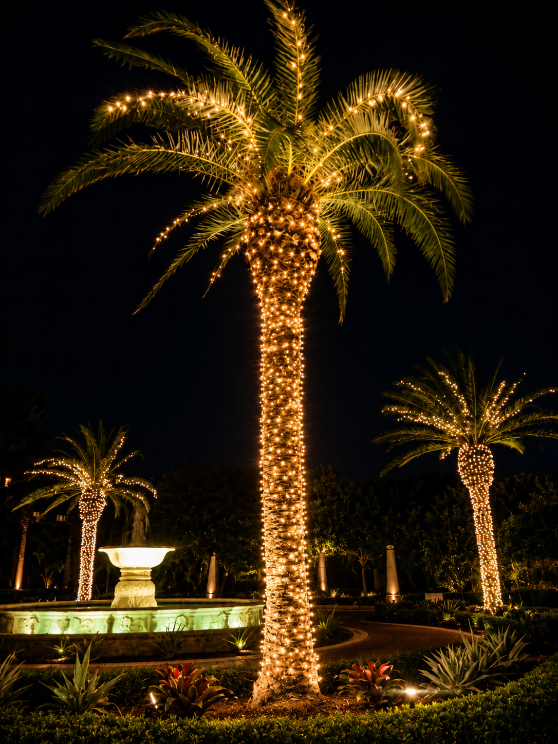 Nighttime garden with illuminated palm trees and a lit fountain against a black sky
