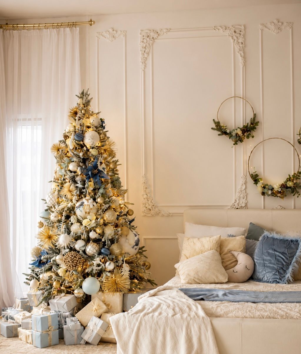 Decorated Christmas tree beside a cozy beige sofa in a softly lit living room with wreath wall decor.