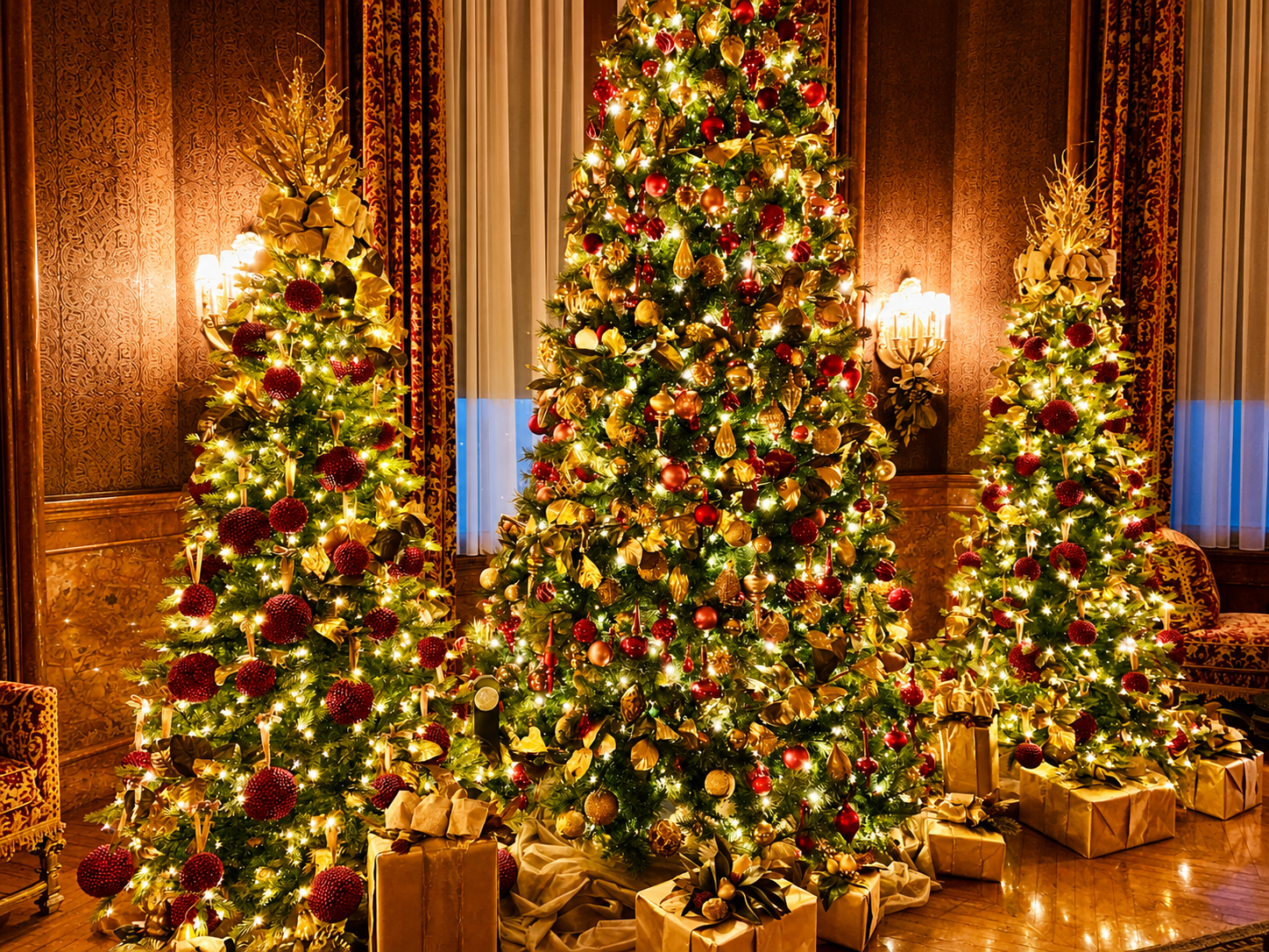 Three decorated Christmas trees with lights and gifts in a warm indoor room