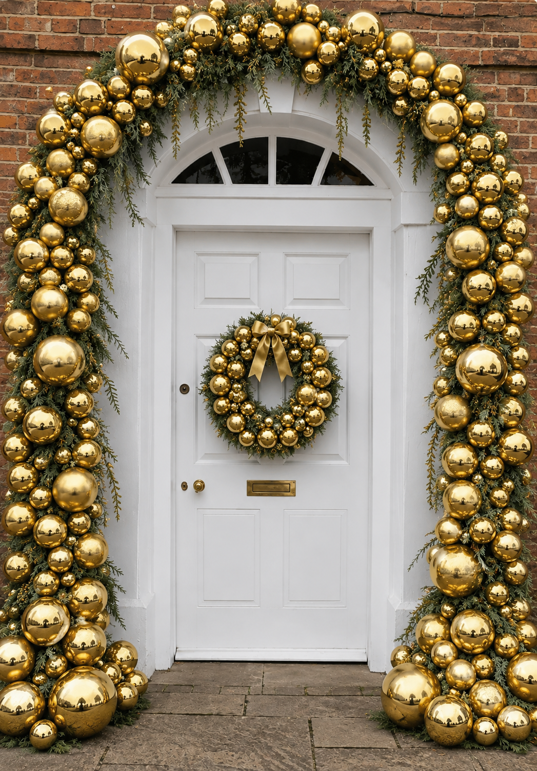 White front door framed by gold Christmas ornaments and a matching wreath on a brick house