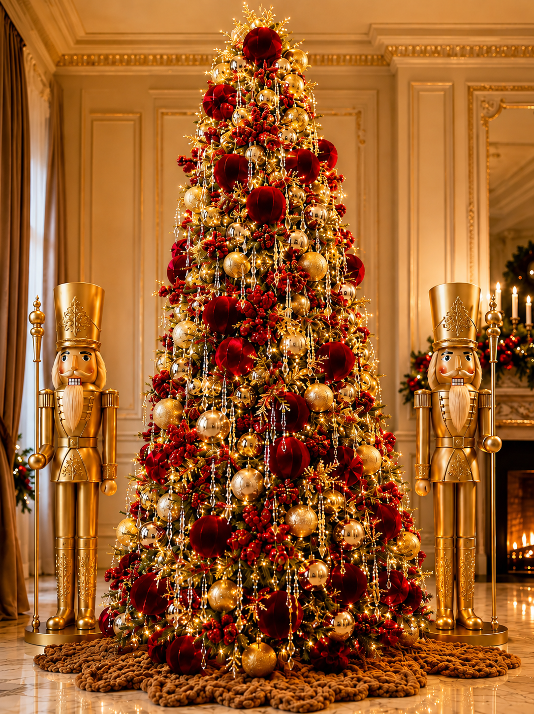 Decorated Christmas tree with red and gold ornaments in an elegant room