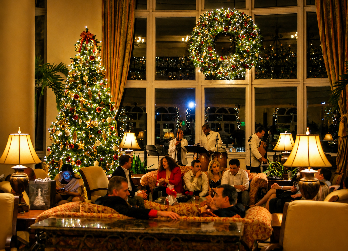 Festive living room with Christmas tree, wreath, and people gathered by a fireplace at night