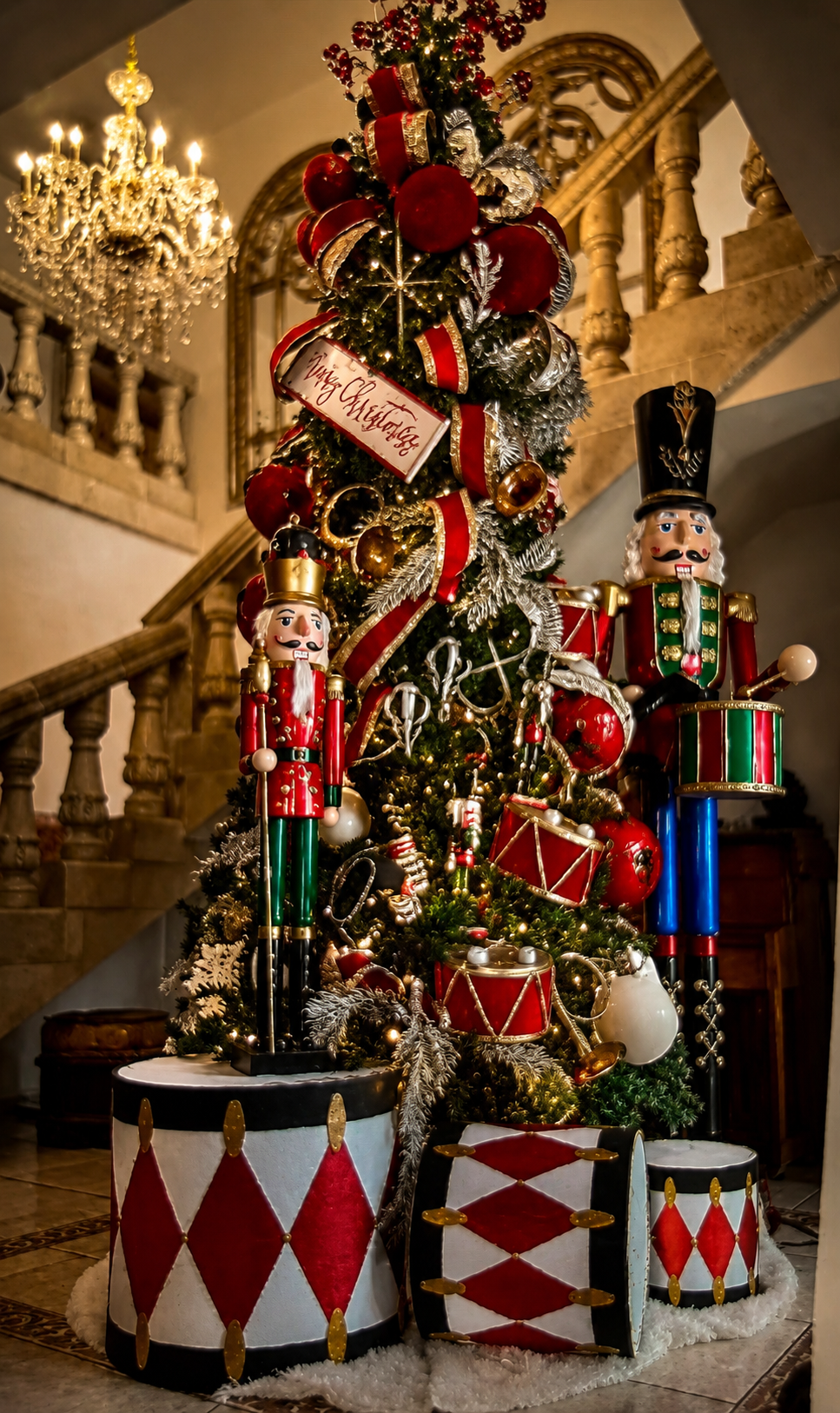Decorated Christmas tree with red ribbons, toy soldiers, and drum ornaments in a grand interior staircase