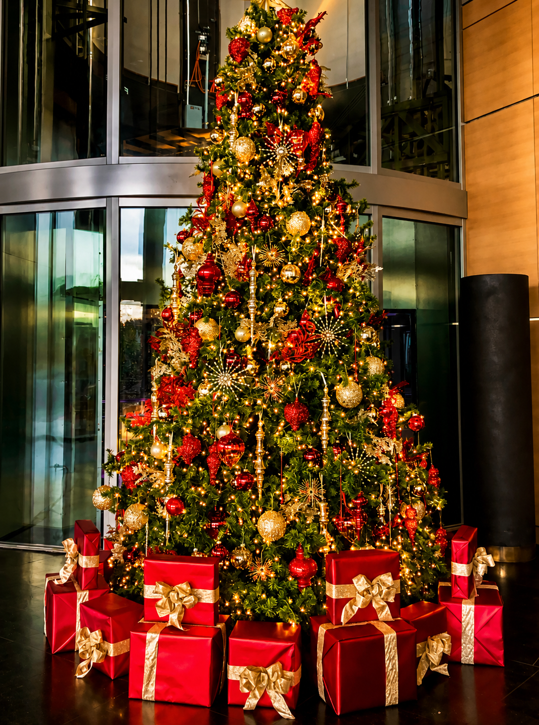 Decorated Christmas tree with red and gold ornaments and wrapped gifts in a building lobby