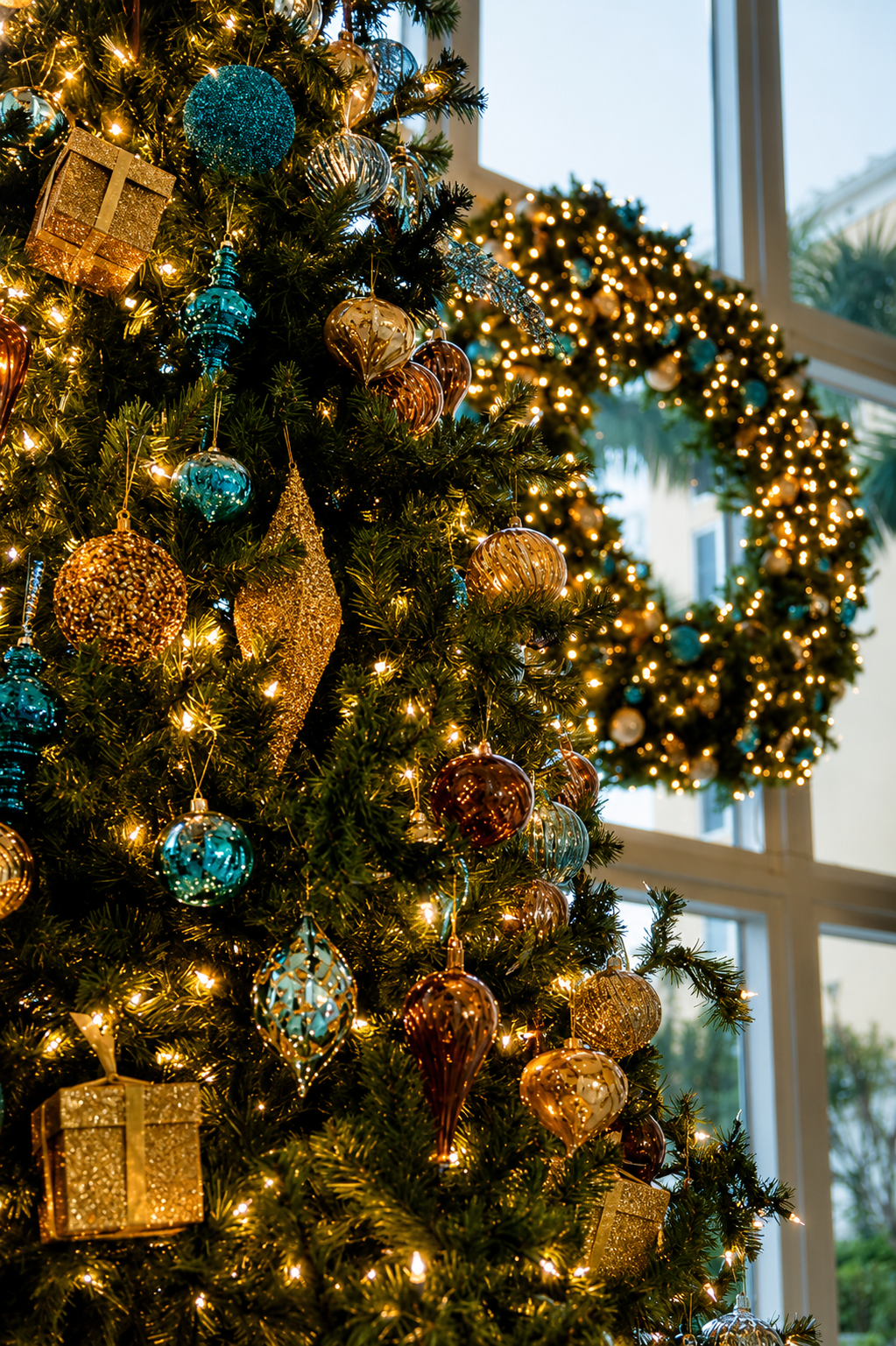Christmas tree with gold and teal ornaments and a lit wreath by a window