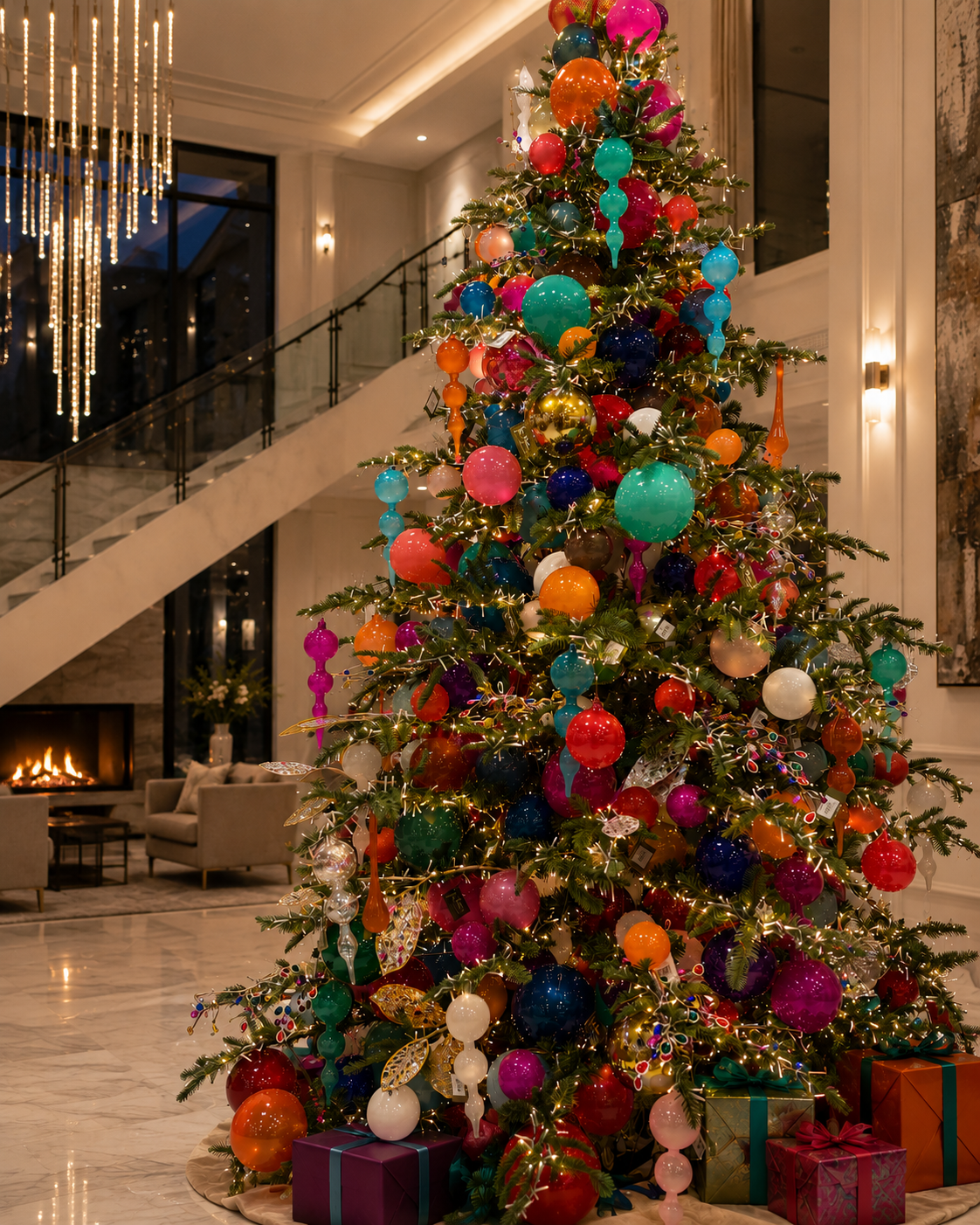 Tall decorated Christmas tree with colorful ornaments and gifts in a hotel lobby