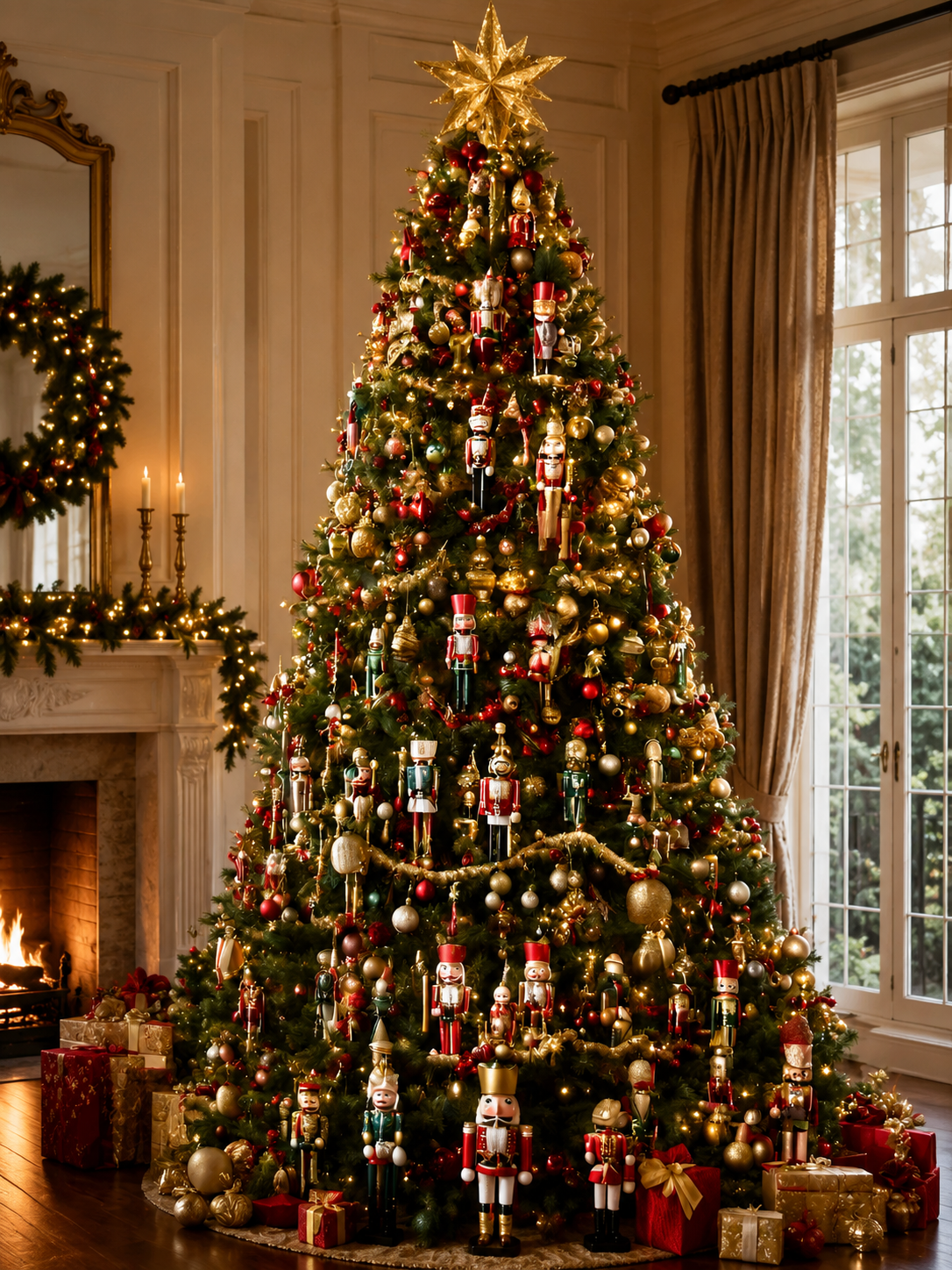 Decorated Christmas tree with lights and ornaments in a warmly lit living room
