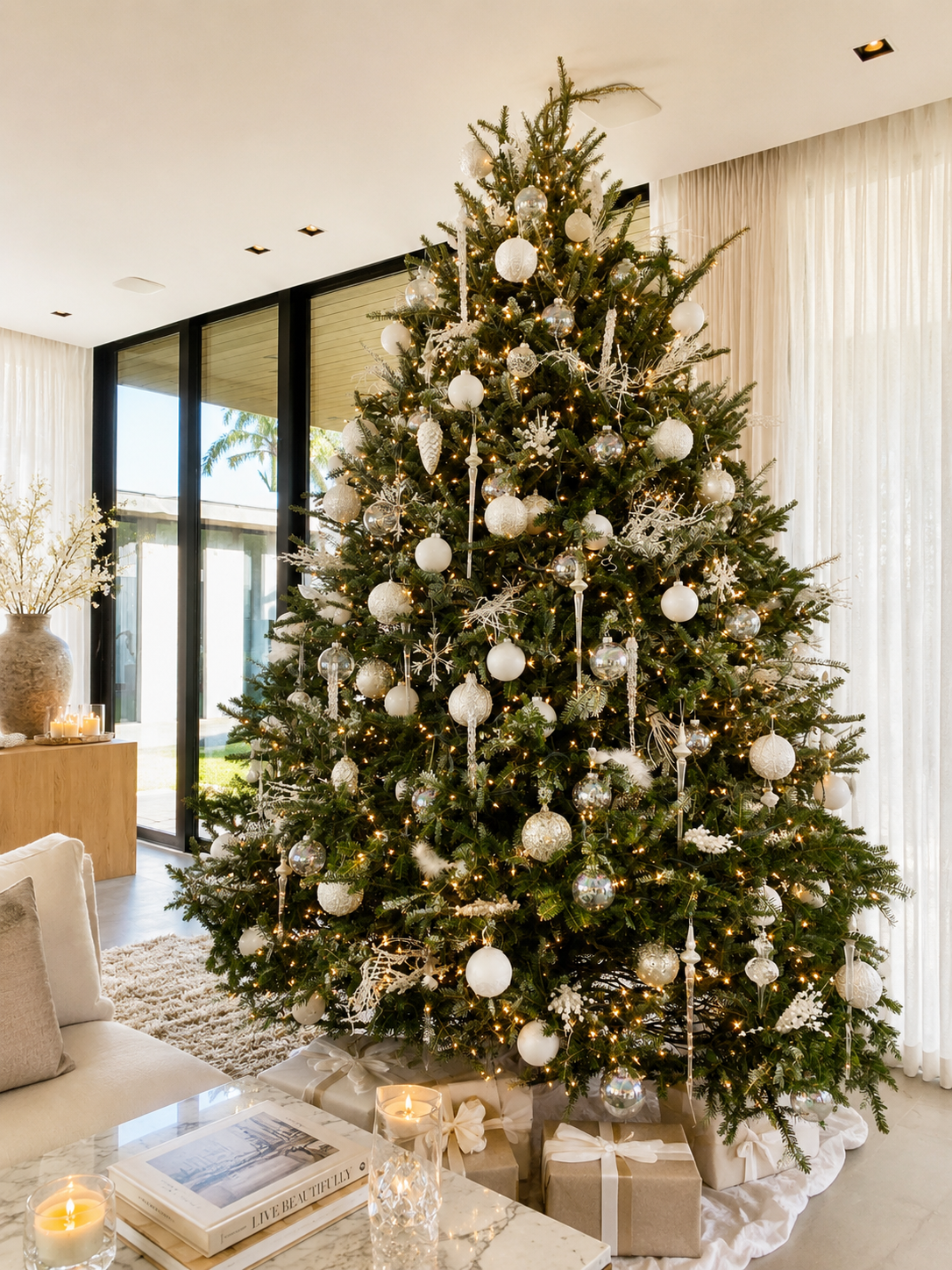 Decorated Christmas tree with white ornaments and gifts in a bright living room