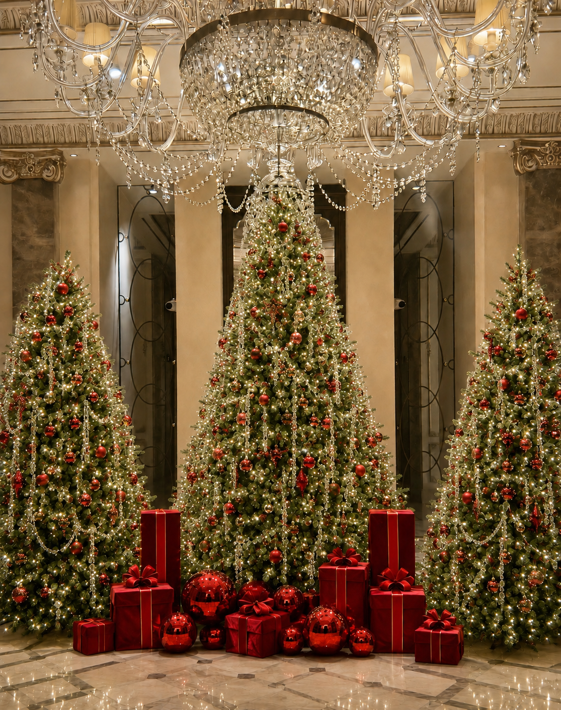 Elegant holiday hall with lit Christmas trees, chandeliers, and red gift boxes