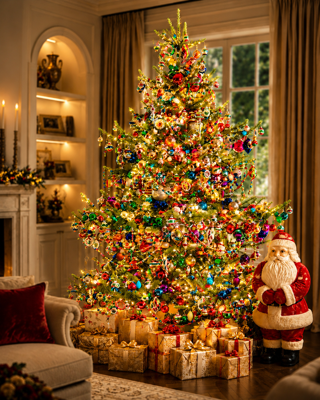 Festive living room with a brightly lit Christmas tree, wrapped gifts, and a Santa figurine by the fireplace