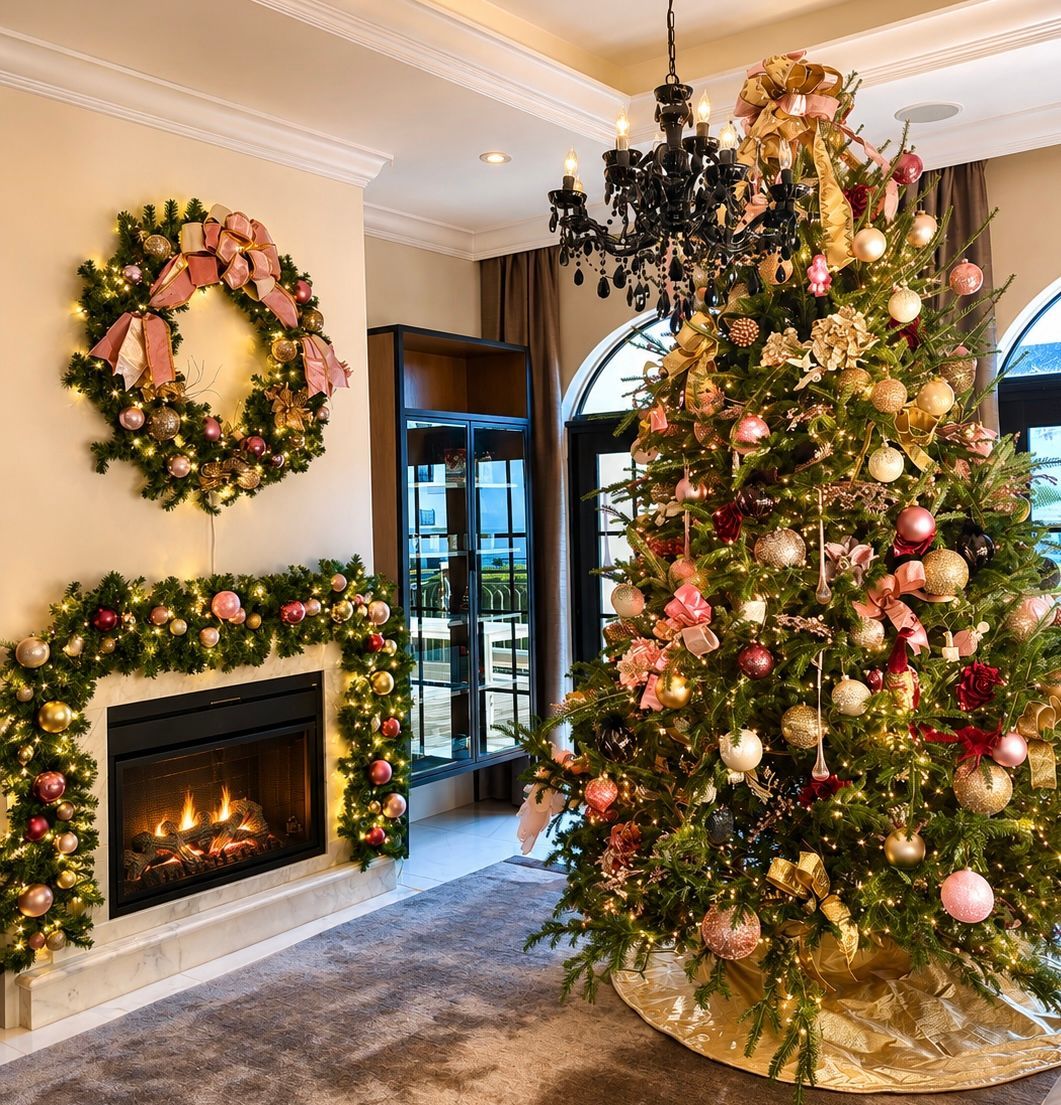 Festively decorated living room with a lit fireplace, wreath, and a large Christmas tree