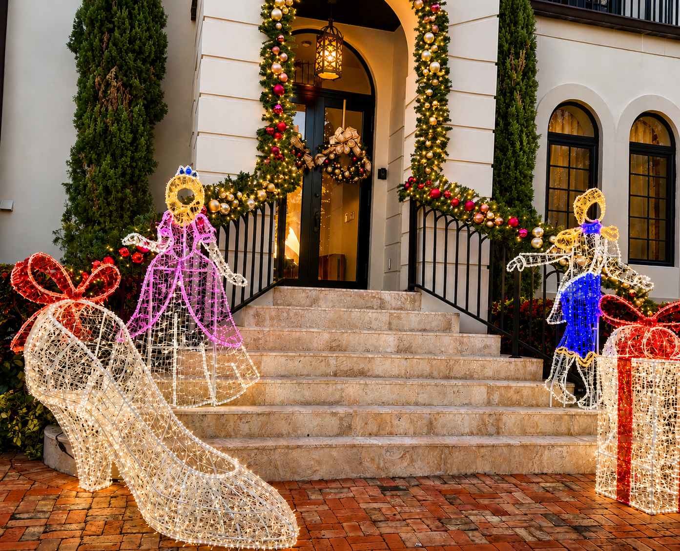 Holiday light angels and gift decorations on steps outside a white building