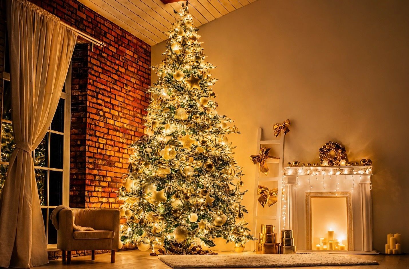 Cozy living room with a lit Christmas tree, fireplace, and warm golden holiday lights