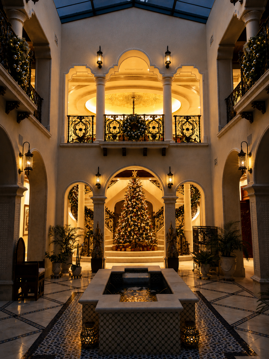 Grand, warmly lit courtyard with arches, balcony railings, and a central Christmas tree and fountain.