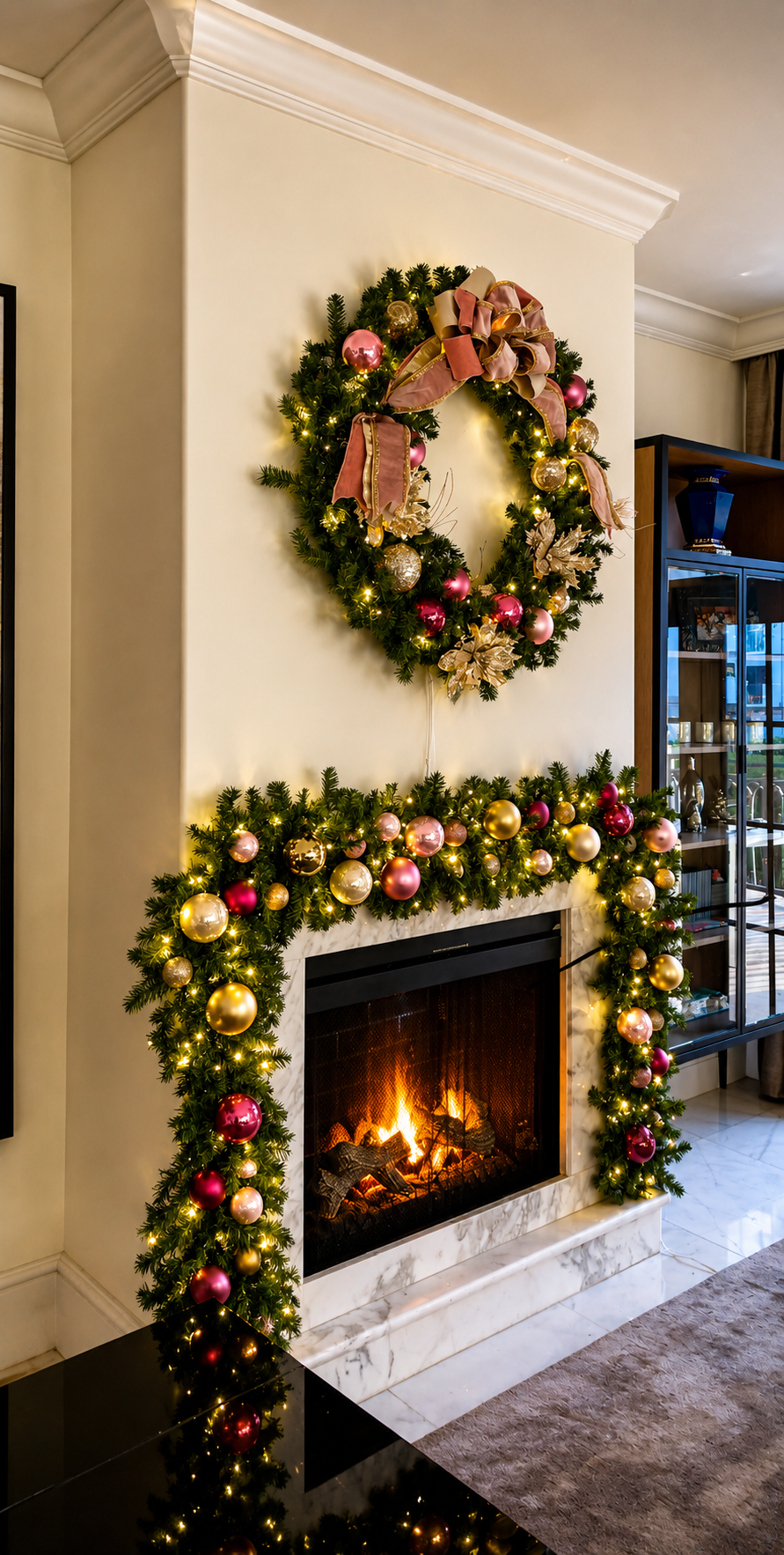 Festive fireplace and wall wreath decorated with greenery, pink bows, and twinkling lights