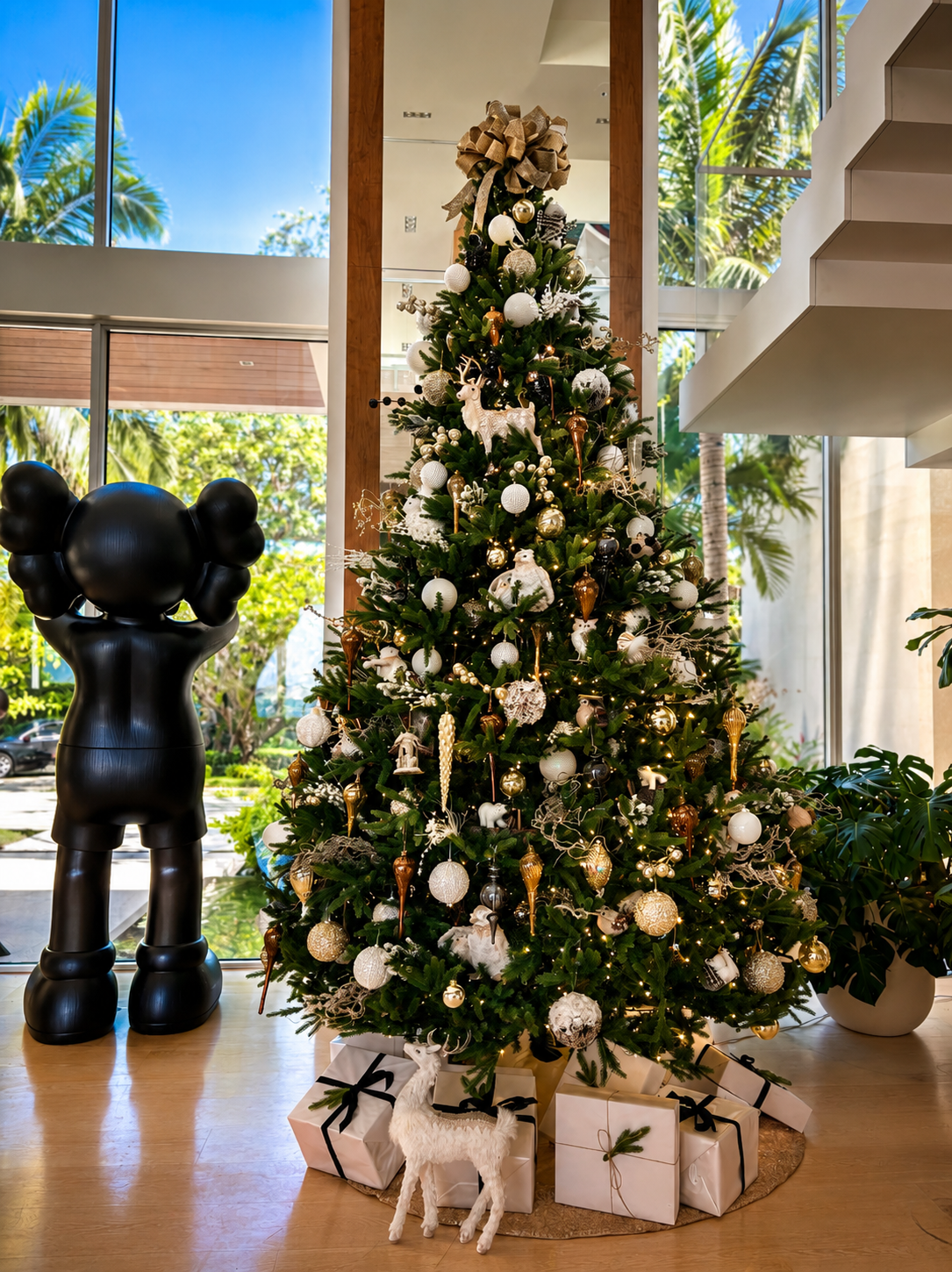 Christmas tree with white ornaments and gifts, next to a black bear statue in a bright modern room