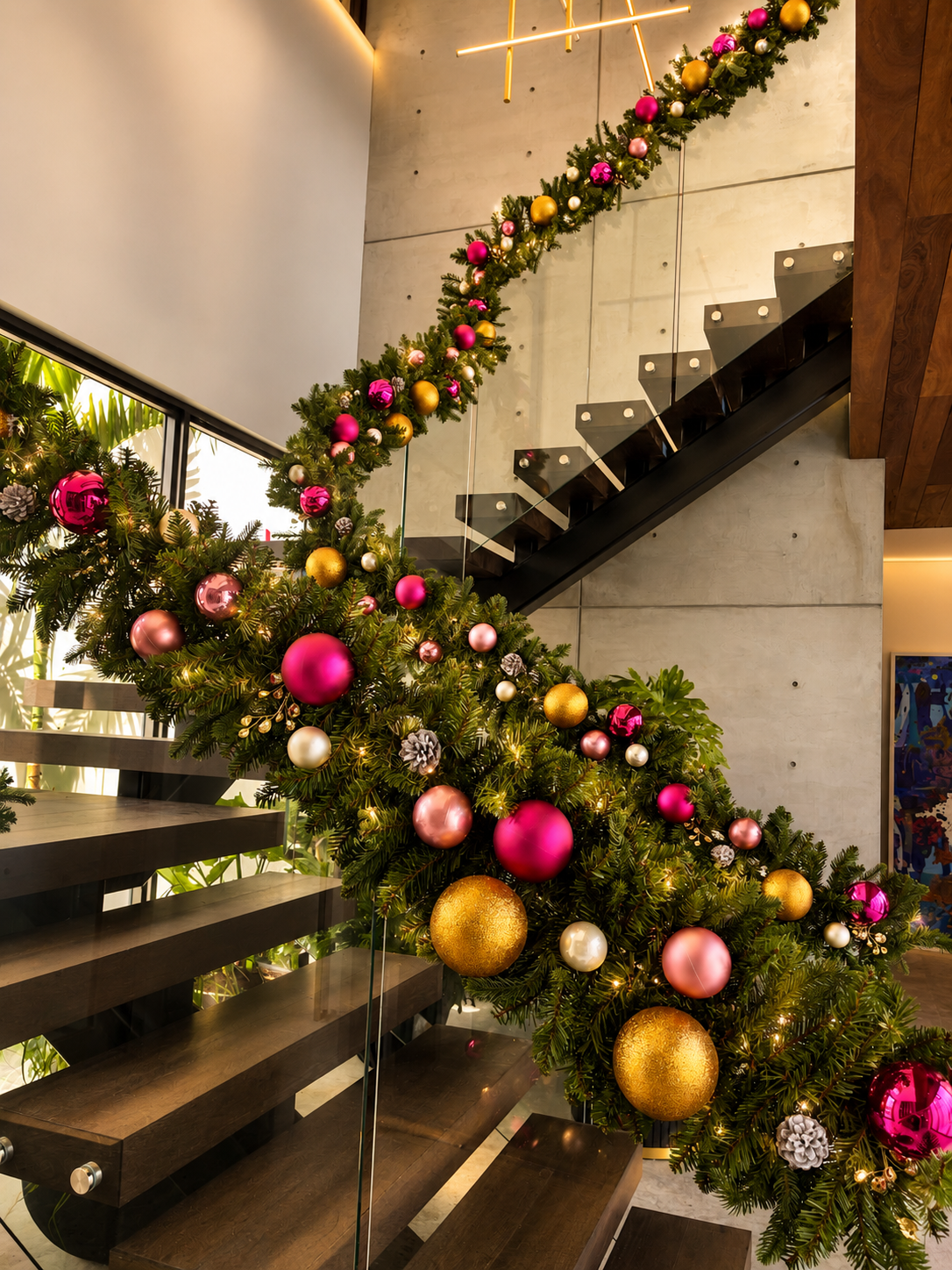 Staircase decorated with garlands and pink, gold Christmas ornaments in a festive interior.