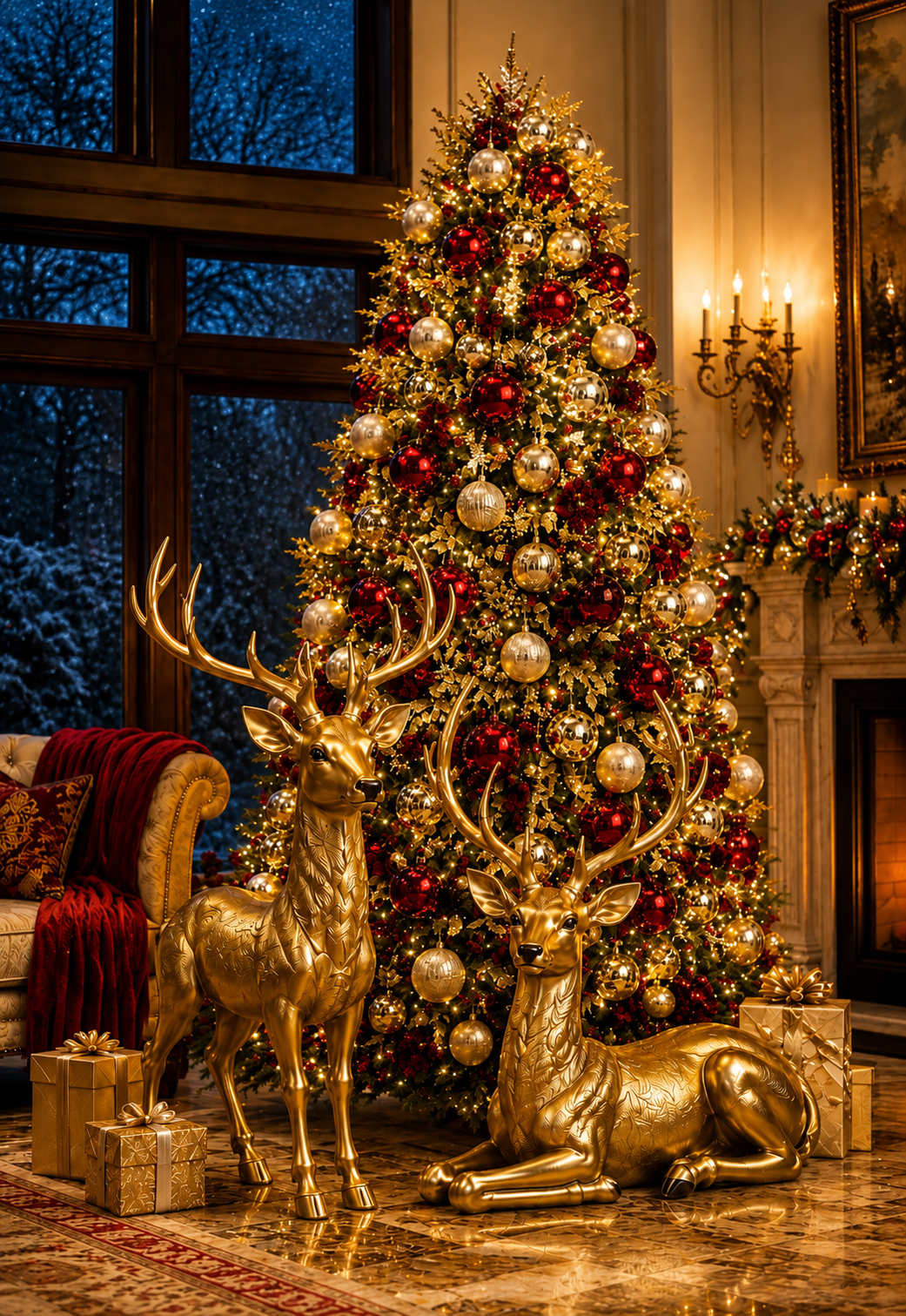 Festive Christmas tree with gold reindeer and presents in a warmly lit living room
