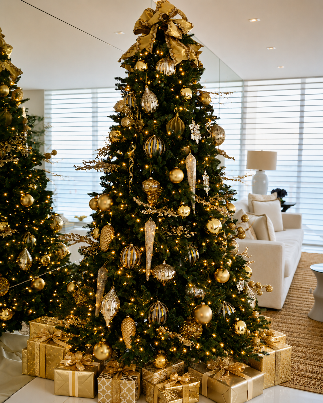 Decorated Christmas tree with gold ornaments and wrapped gifts in a bright living room