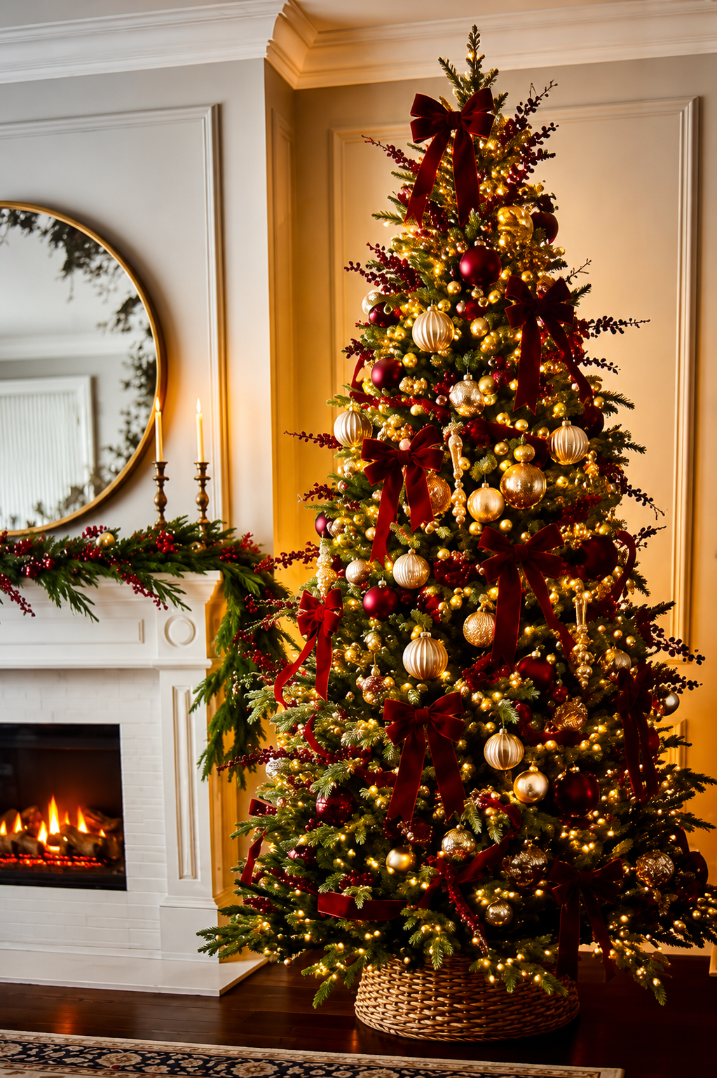 Decorated Christmas tree with red and gold ornaments beside a lit fireplace in a cozy living room