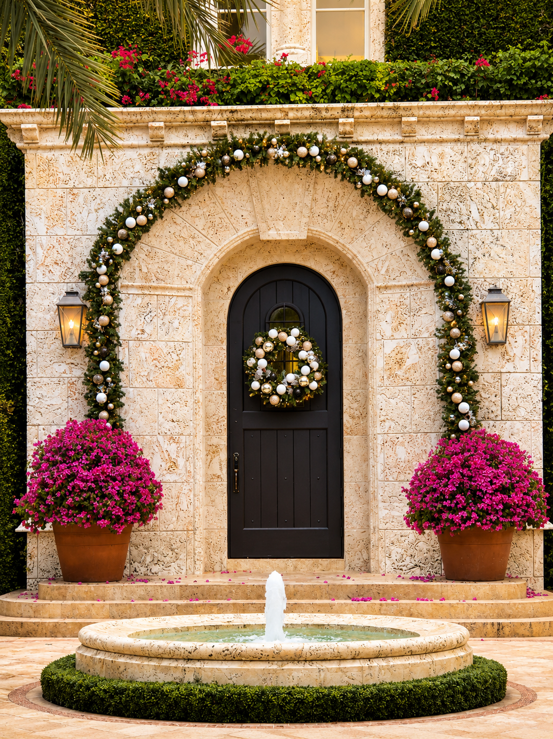 Decorated stone doorway with holiday wreath, pink potted flowers, and a small fountain in front