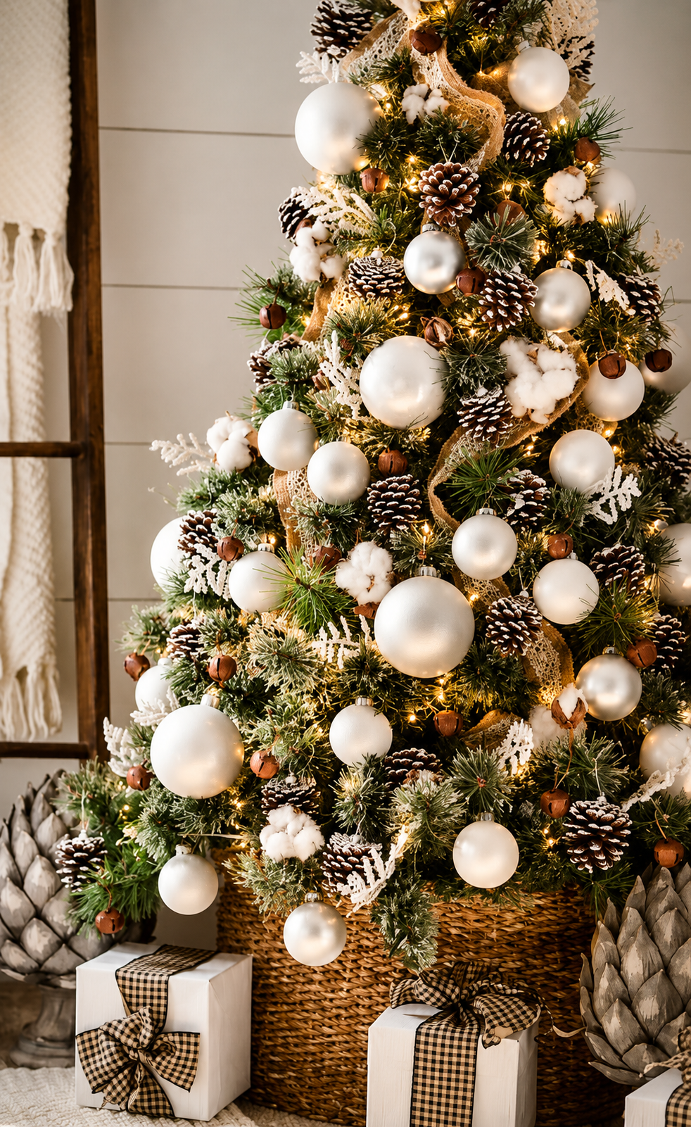 Decorated Christmas tree with white ornaments and wrapped gifts at the base