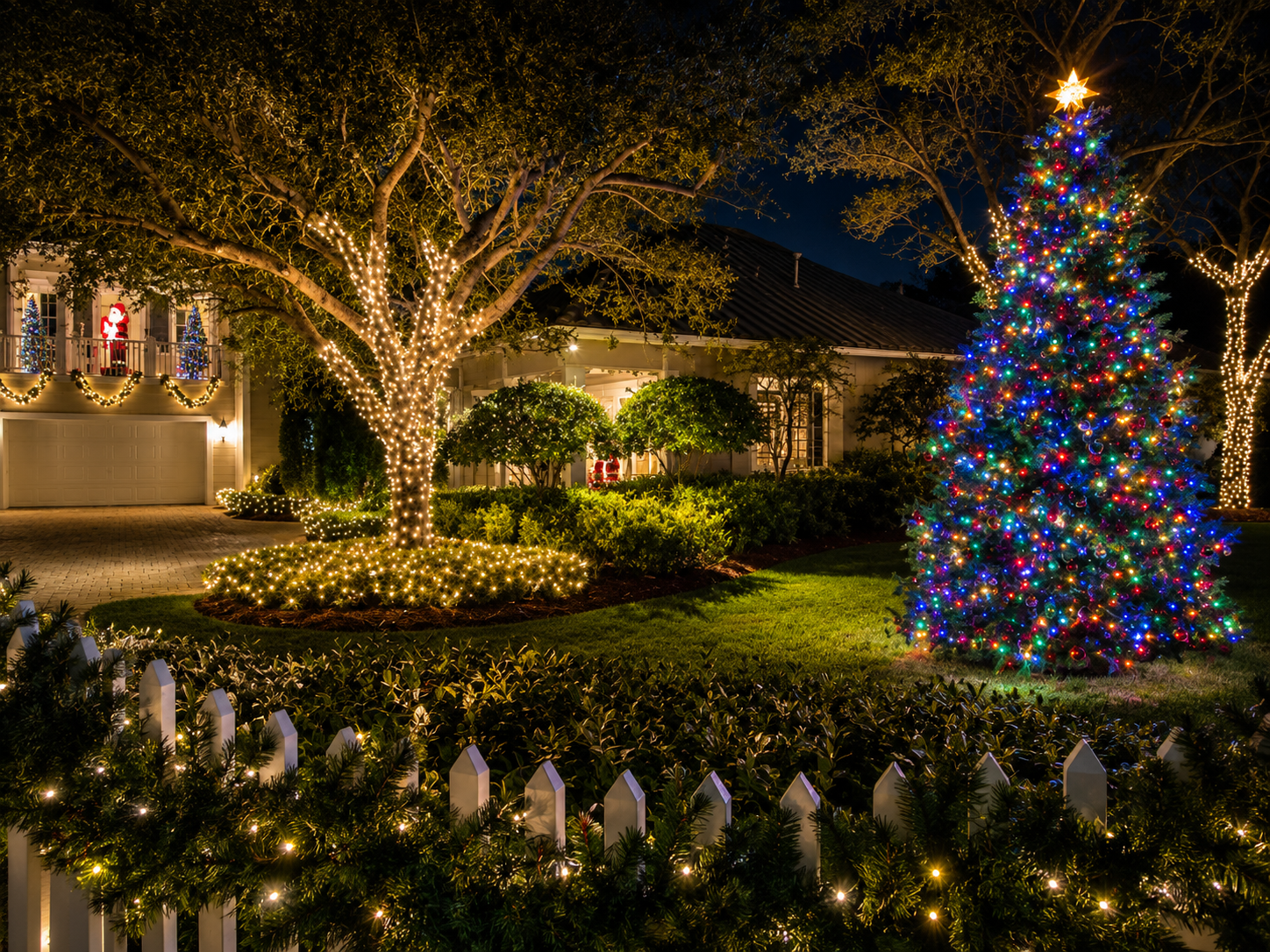 Holiday-lit front yard with a glowing tree, colorful Christmas lights, and illuminated bushes at night