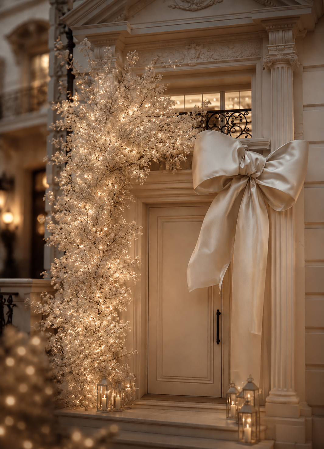 Elegant doorway with glowing fairy lights and a large cream ribbon bow on a classic facade