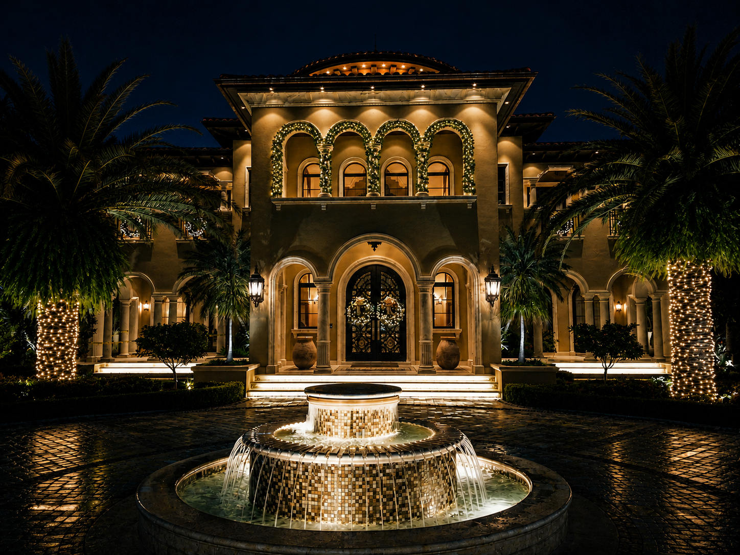 Grand illuminated mansion at night with a glowing fountain and palm trees in the courtyard