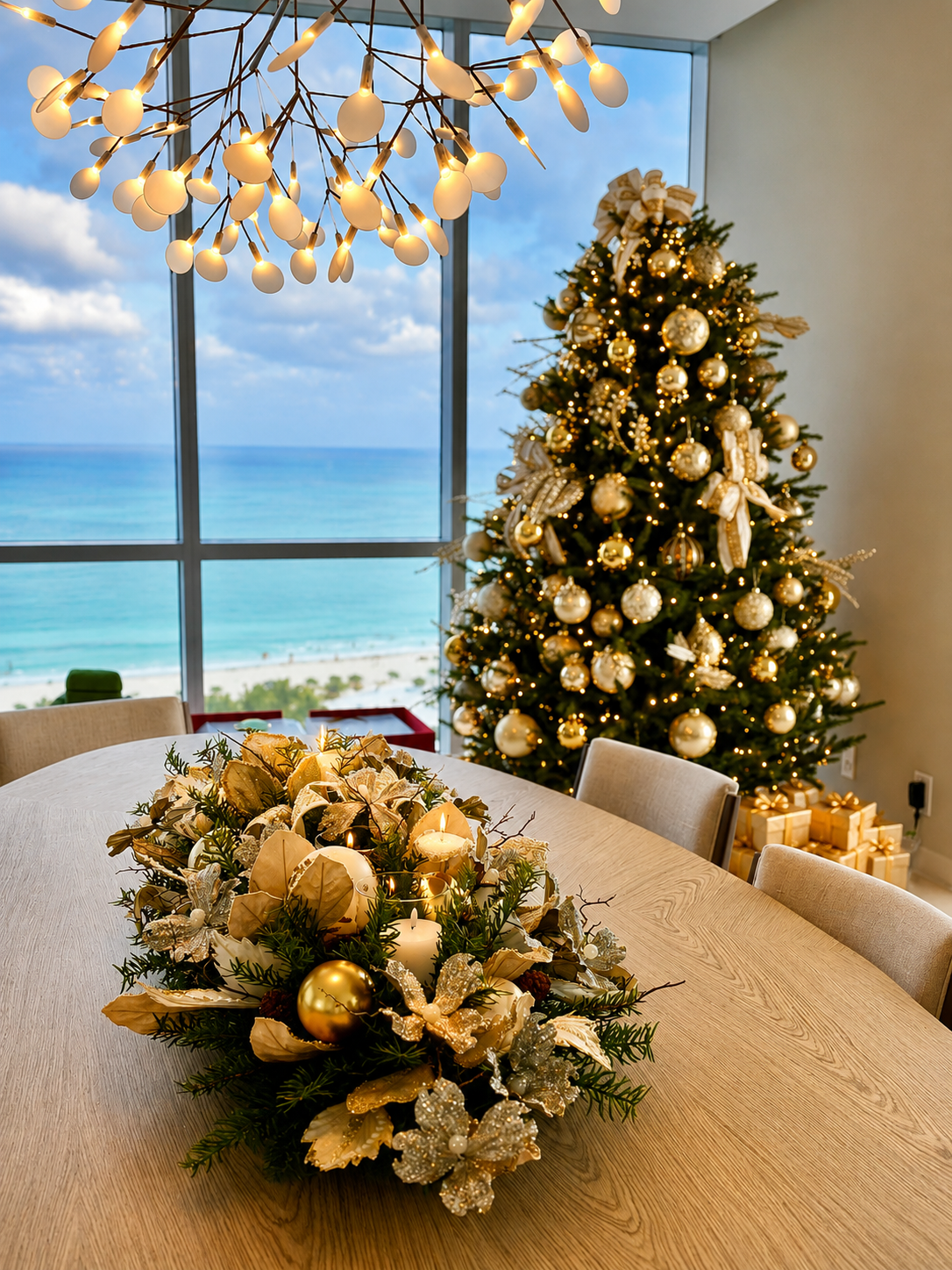 Christmas dining room with a decorated tree, gold centerpiece, and ocean view through large windows