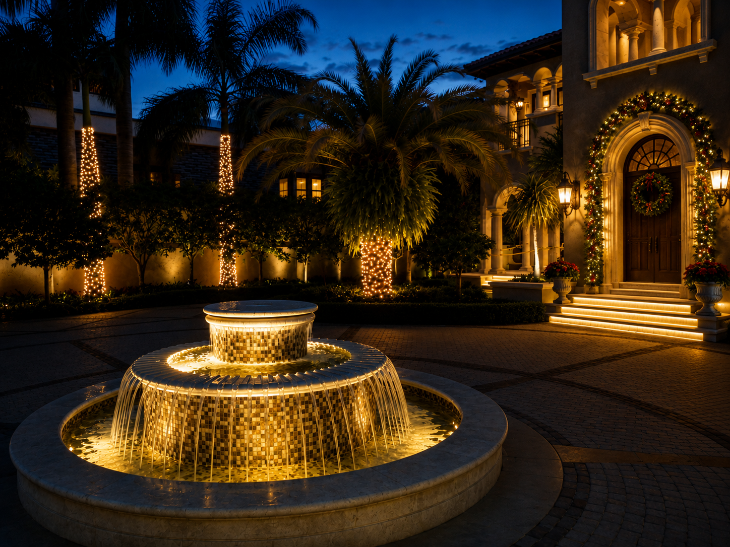 Illuminated courtyard fountain at dusk beside a lit Mediterranean-style building and palm trees
