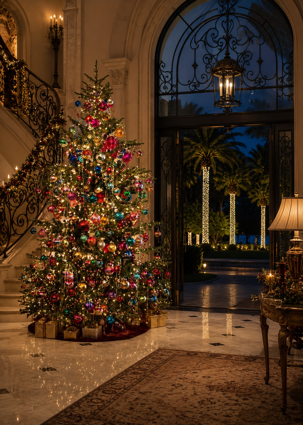 Decorated Christmas tree in a grand foyer with arched windows, warm lights, and a view of palm trees outside