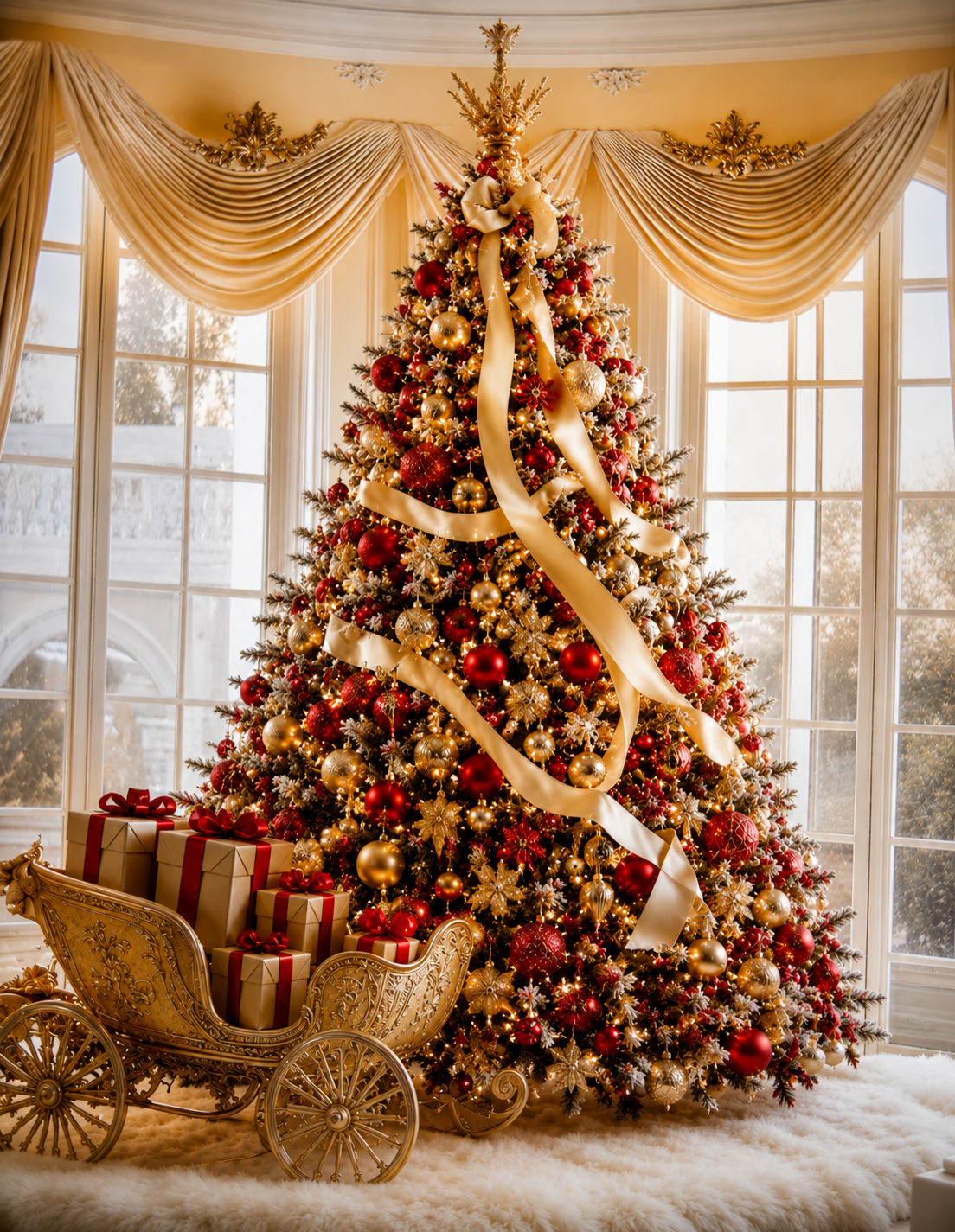 Decorated Christmas tree with gold ribbon and ornaments beside a gold sleigh of wrapped gifts in a bright room