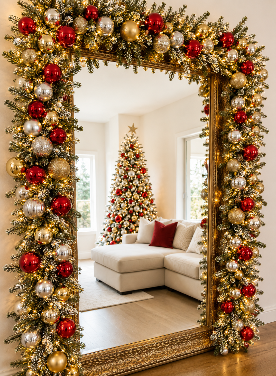Gold and red Christmas garland framing a living room with a decorated tree and beige sofa