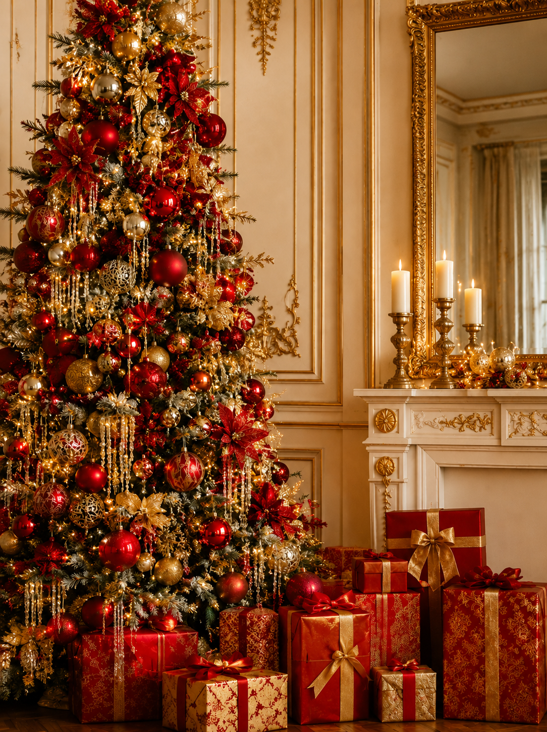 Decorated Christmas tree with red and gold ornaments and wrapped gifts in an elegant living room