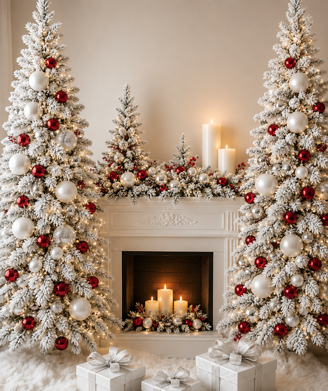 Festive living room with white Christmas trees, red ornaments, candles, and a lit fireplace with gifts
