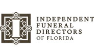 Logo for Independent Funeral Directors of Florida with a stylized white “I” on a brown emblem and black text