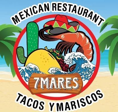Logo for 7 Mares Mexican restaurant: red circle with cactus, taco, shrimp, wave, sombrero; beach setting.