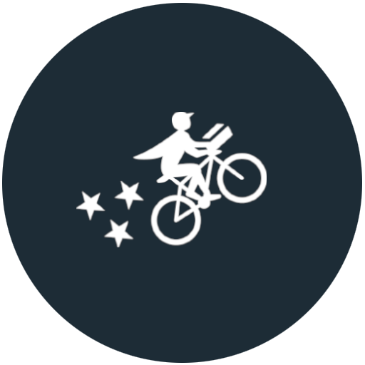White silhouette of a person riding a bicycle and delivering with stars on a navy blue background.