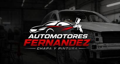 Logo de Automotores Fernandoz en blanco y rojo sobre fondo gris de auto en taller, con texto “Chapa y pintura”.