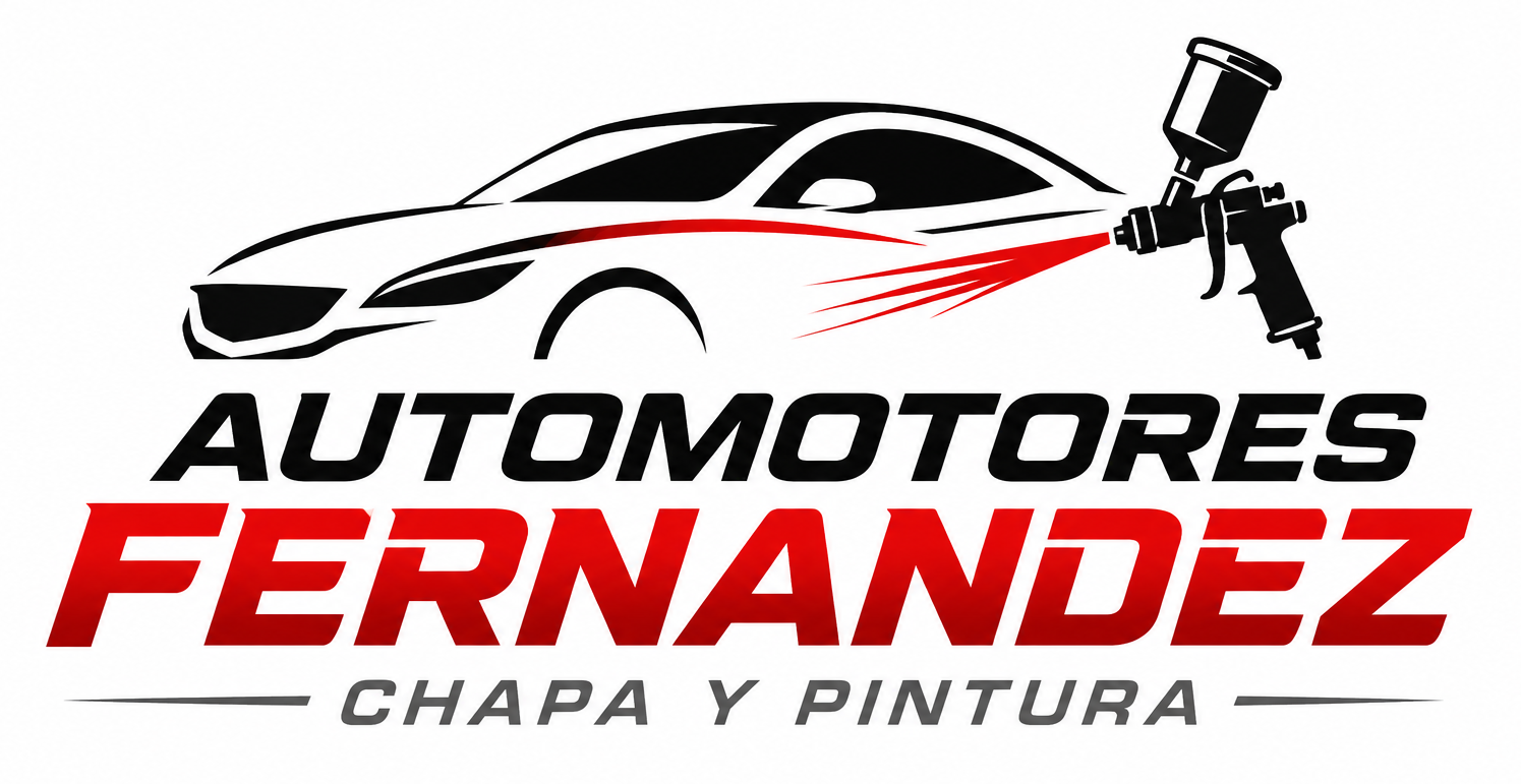 Logotipo de Automotores Fernández con silueta de auto rojo y negro y pistola de pintura, texto “chapa y pintura”