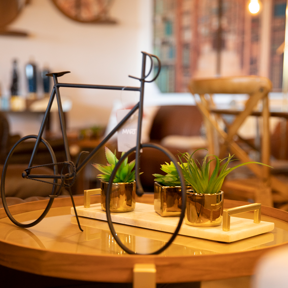Uma estátua de uma bicicleta com vasos de plantas sobre uma mesa