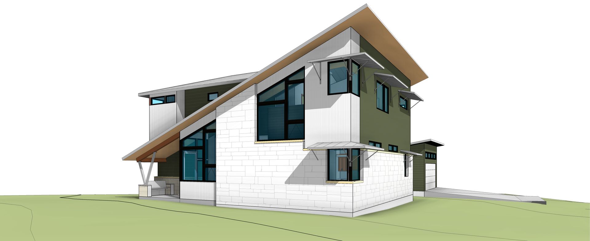 A modern house with a sloped roof, large windows, and a mix of white and olive-green exterior siding on a green lawn.