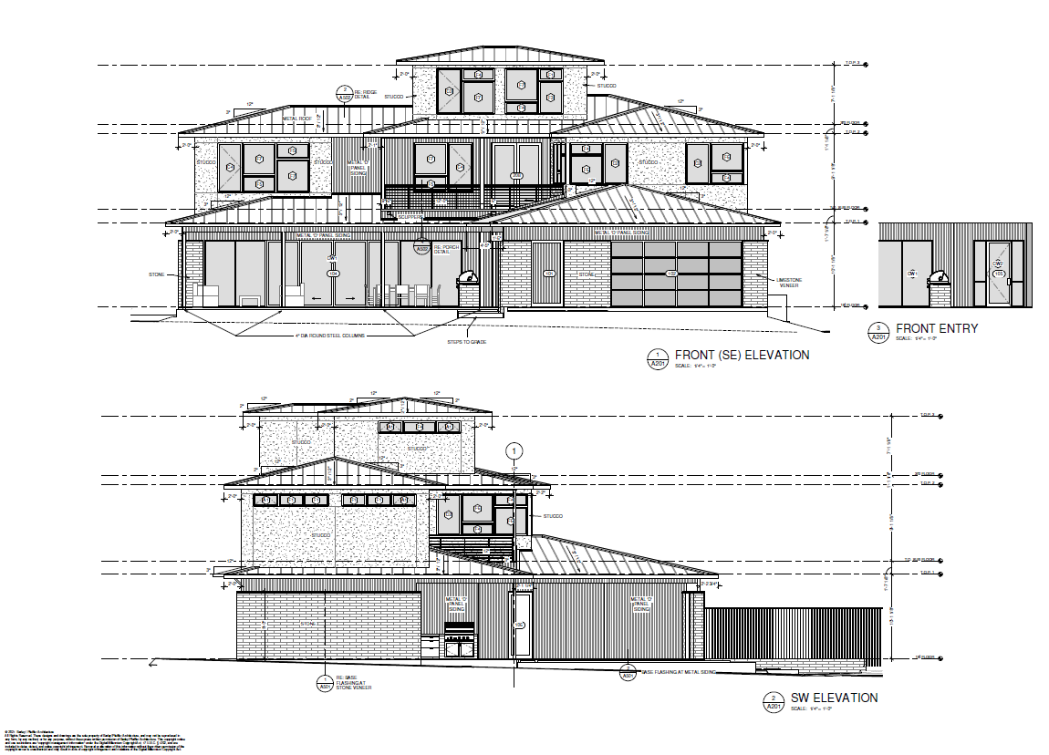 Architectural elevation drawings showing the front and side facades of a two-story modern residential home.