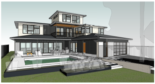 A digital architectural rendering of a modern, multi-story home with a swimming pool and patio in the backyard.